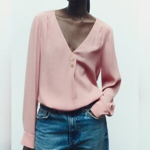 Zara Pink V-Neck Buttoned Blouse